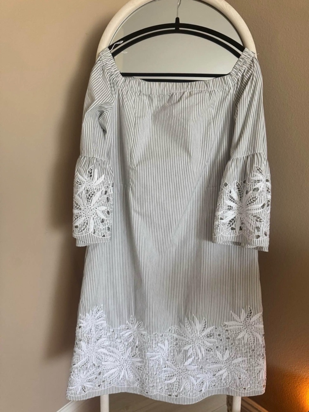 Lafayette 148 New York Grey and White Striped Off-Shoulder Dress with White Lace
